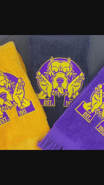 3 Omega Psi Phi Hooks Towel stitched on gold, black and purple velour plush towels