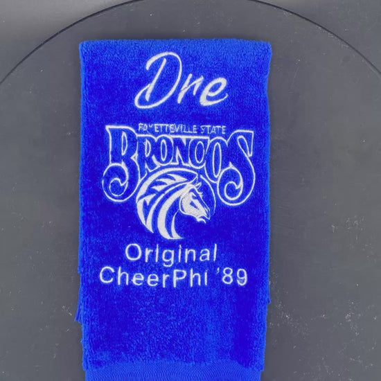 CheerPhi ‘89 custom order featuring the Fayetteville State University Broncos logo, and customized with their names. 