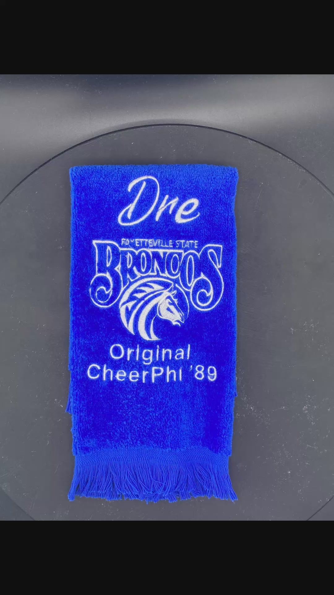 CheerPhi ‘89 custom order featuring the Fayetteville State University Broncos logo, and customized with their names. 