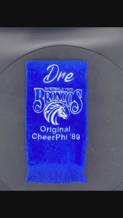CheerPhi ‘89 custom order featuring the Fayetteville State University Broncos logo, and customized with their names. 